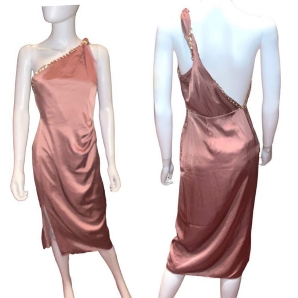 Reiss Adaline Satin Crepe Open Back Asymmetrical Chain Detail Cocktail Dress NEW - Picture 14 of 16